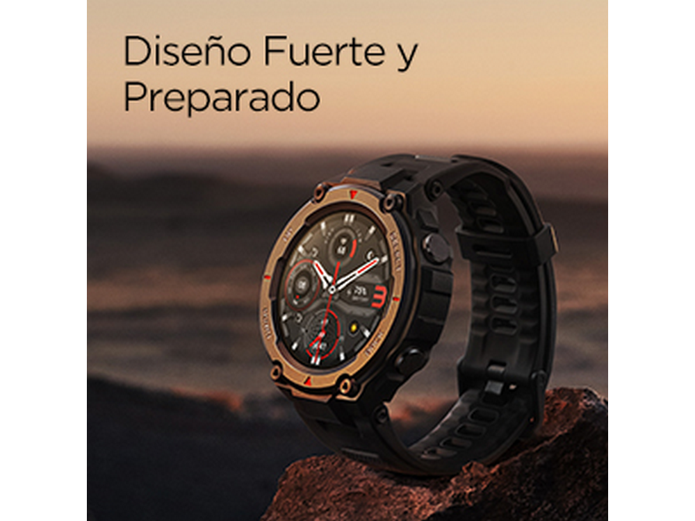 Un reloj inteligente resistente con una correa oscura y detalles dorados. La pantalla muestra datos.