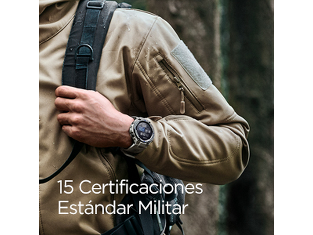 Una persona usando un reloj y una chaqueta. El texto en la imagen dice '15 Estándar Militar'.