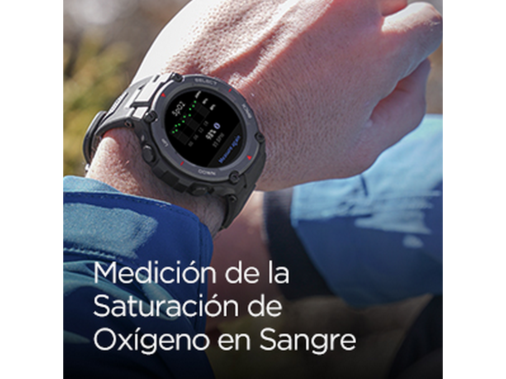 Una persona lleva un reloj. Texto: Medición de la Saturación de Oxígeno en Sangre.
