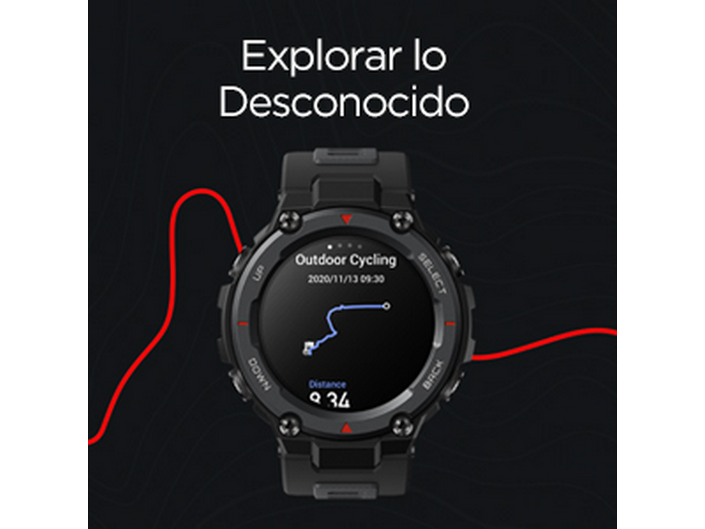Reloj inteligente negro con mapa, línea roja y texto en español.