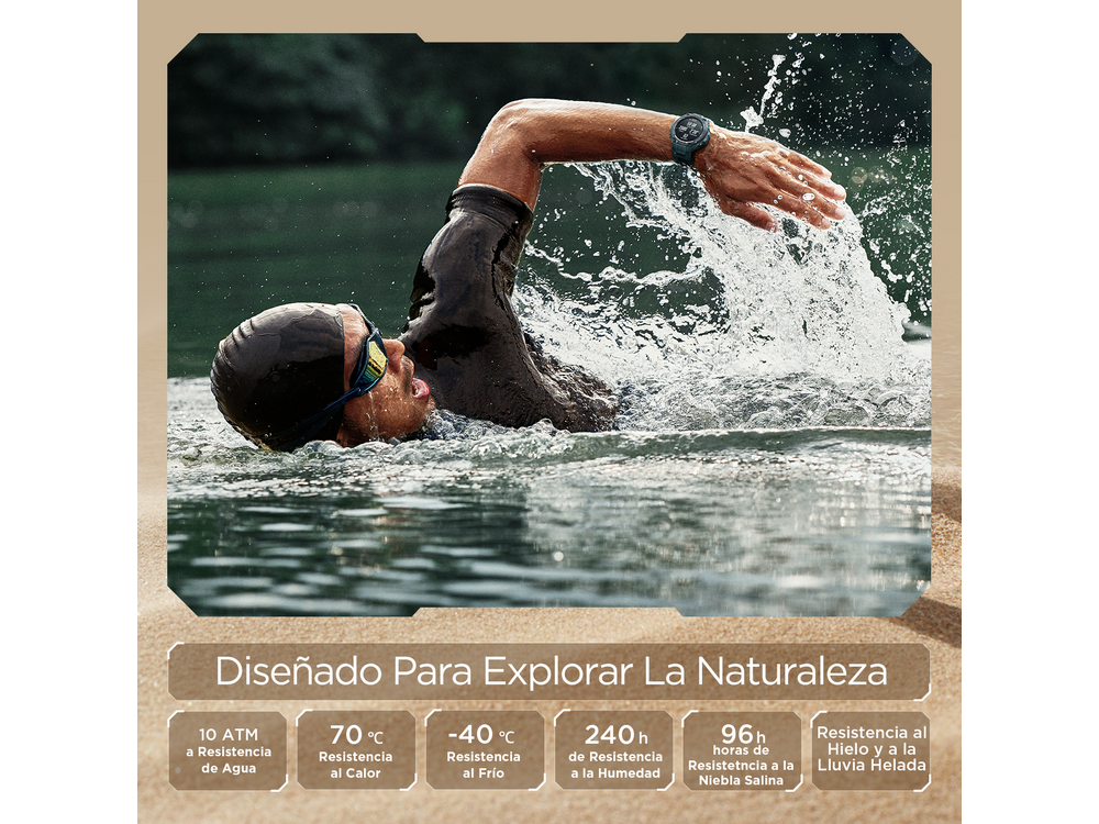 Hombre nadando en el agua con gafas. La imagen tiene texto sobre resistencia al agua, calor, frío y humedad.