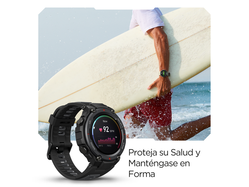 Un reloj inteligente y una persona que sostiene una tabla de surf. Escena de playa. Texto en español: Proteja su Salud y Manténgase en Forma.