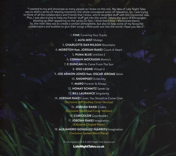 Rückseite eines Musikalbums mit Text, Trackliste und Credits. Grüne und weiße Farben.