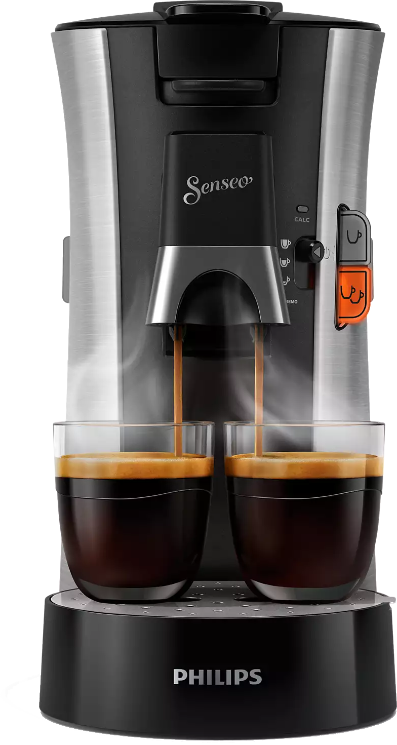 Cafetière préparant du café dans deux tasses en verre. La machine est argentée et noire.