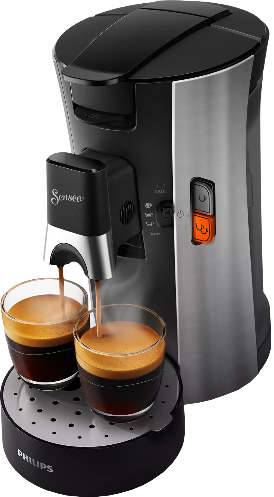 Une machine à café noire et argentée qui prépare du café dans deux verres, sur un socle noir.