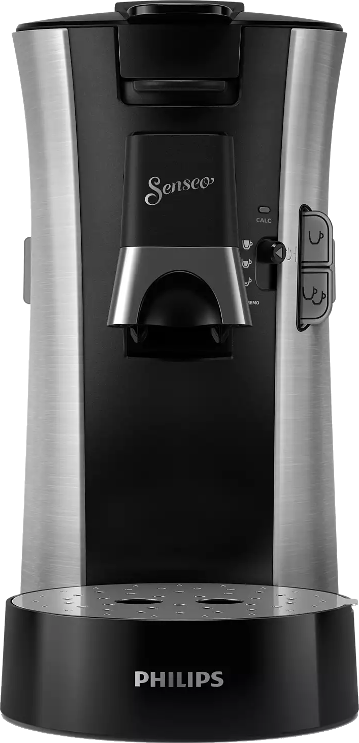 Machine à café Philips Senseo noire et argentée. Elle a une base noire et un devant argenté.