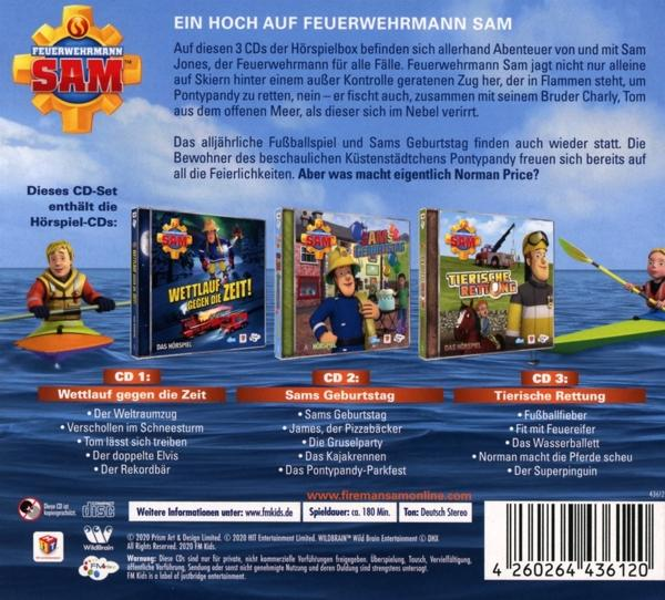 Rückseite der Feuerwehrmann Sam DVDs. Zeigt DVD-Hüllen und Text auf Deutsch.