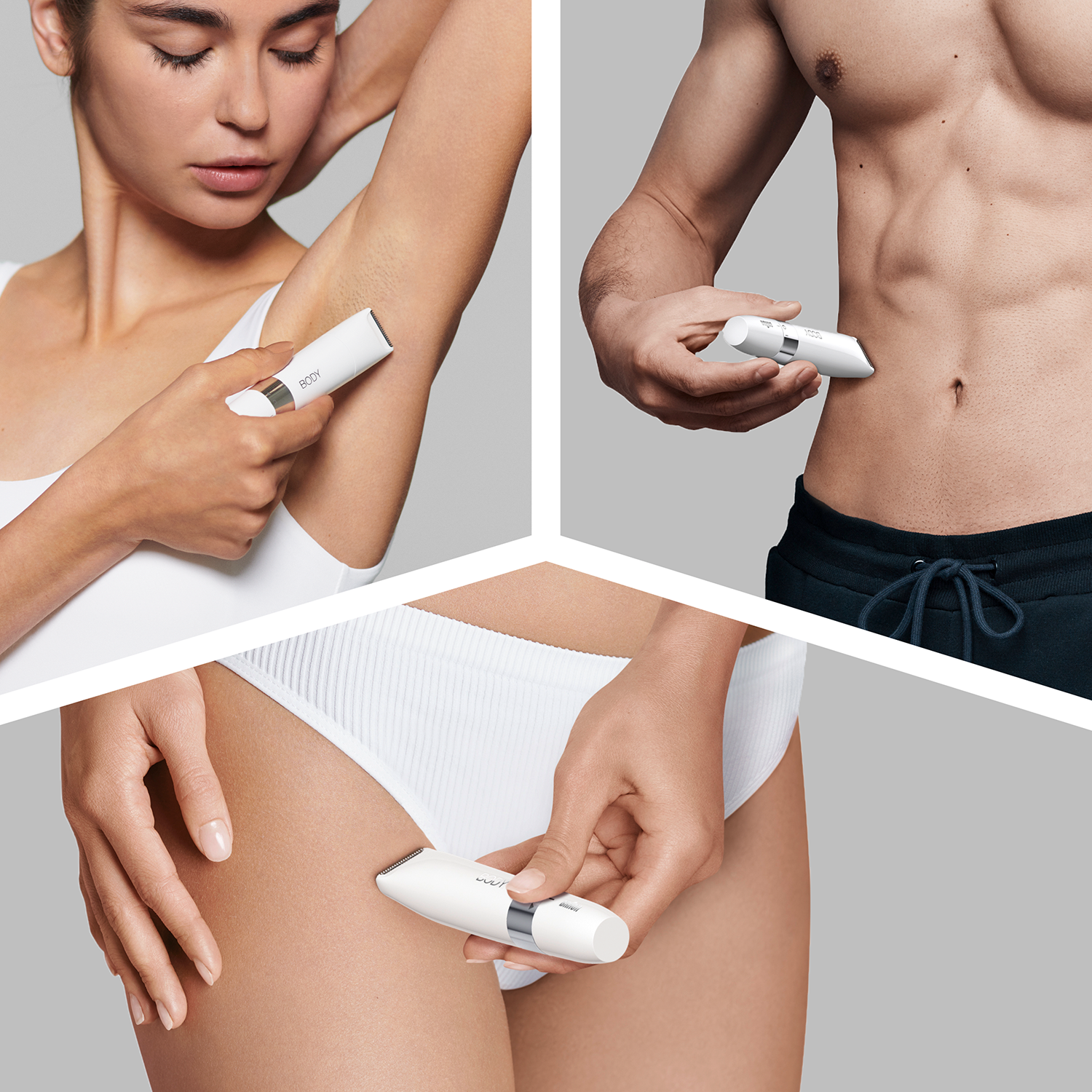 Three images of people using a white body hair removal device on different body parts.