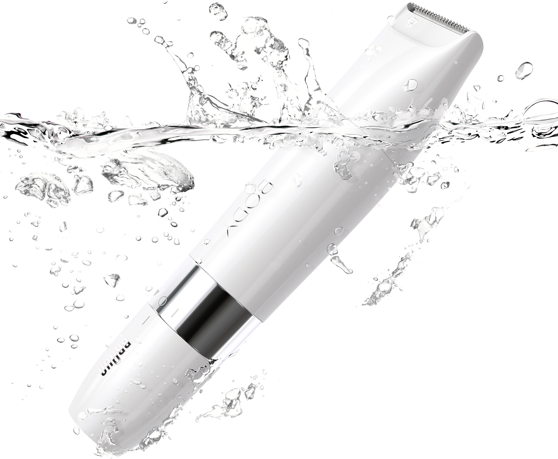 White electric shaver submerged in water, with water droplets around it.