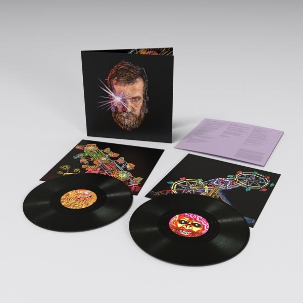 Albumcover-Kunst. Zwei Schallplatten, Albumcover und Innenhülle mit Artwork und Text.