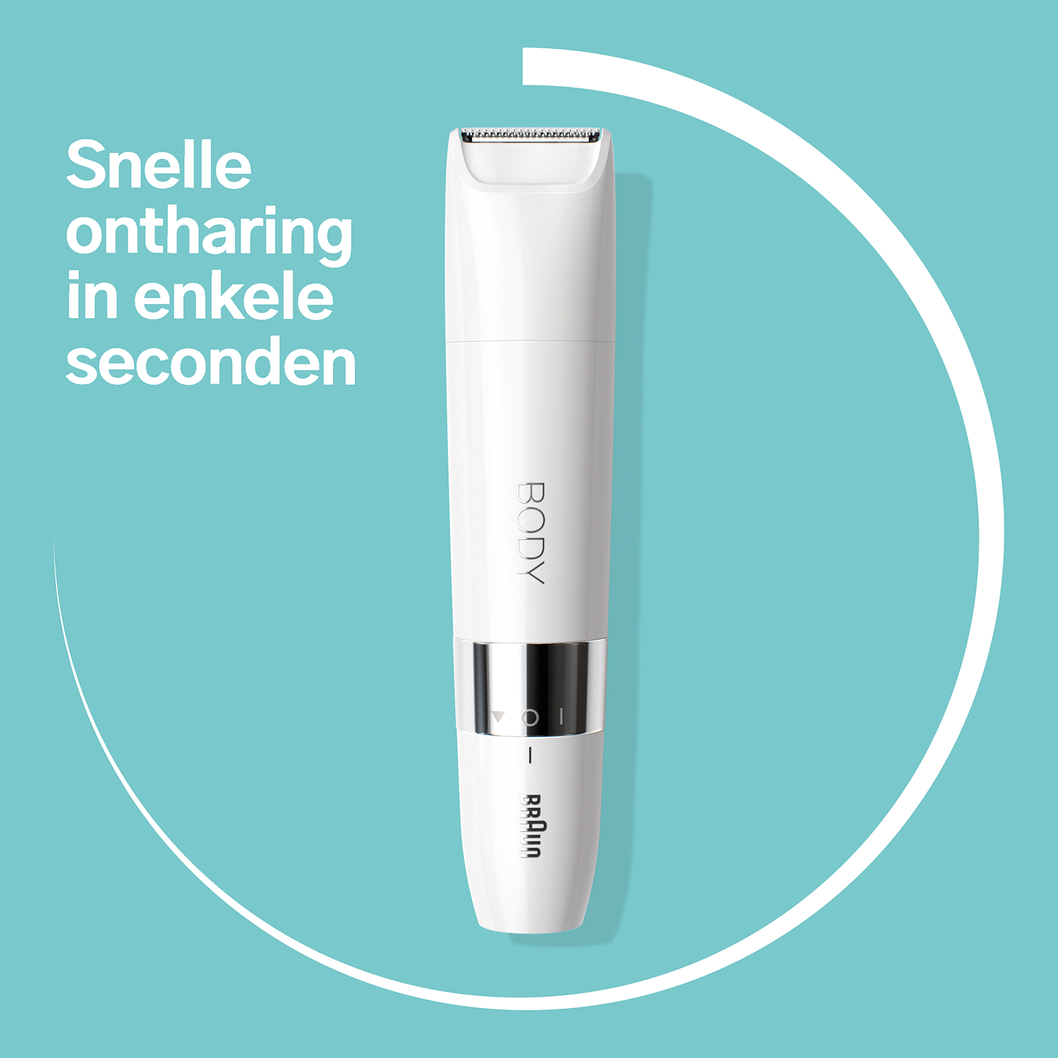 White and gray Braun epilator on a blue background. The text 'Snelle ontharing in enkele seconden'.