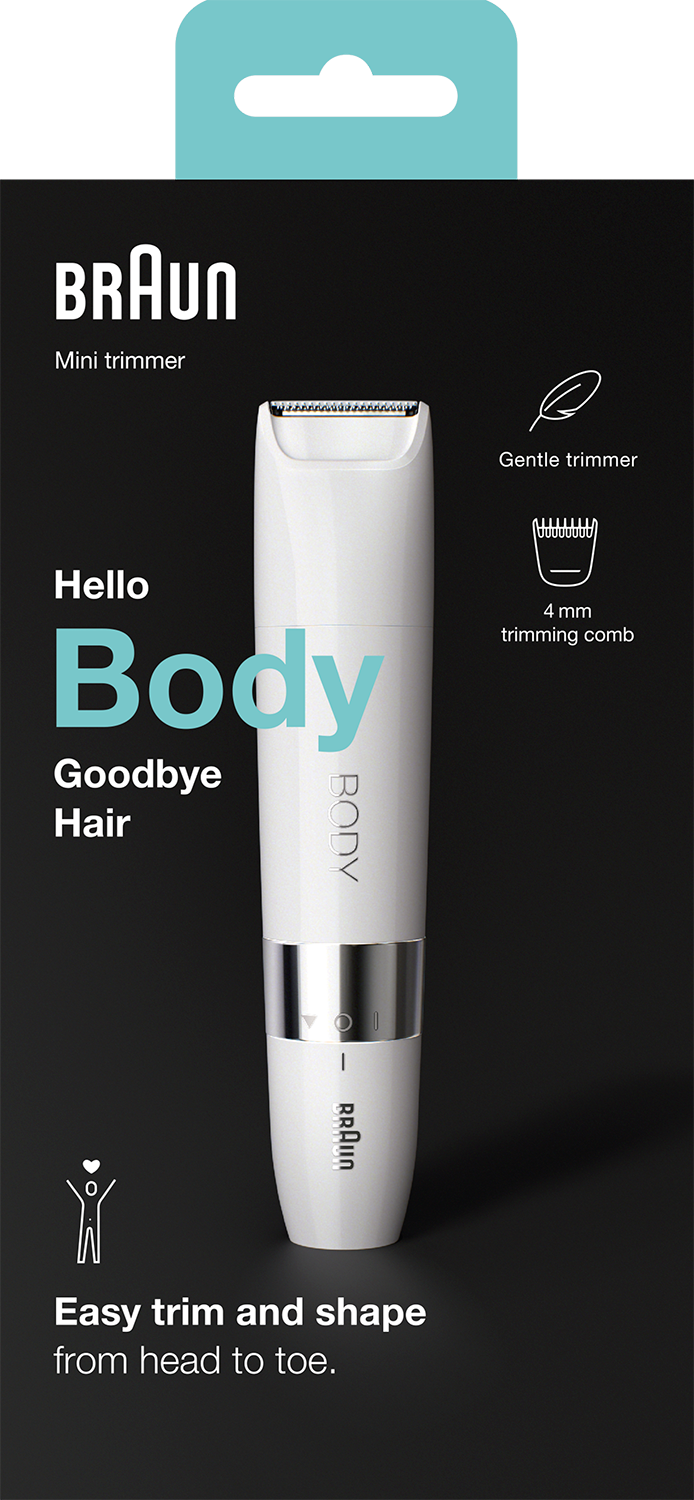 White Braun mini trimmer packaging, with text 'Body' and 'Goodbye Hair'.