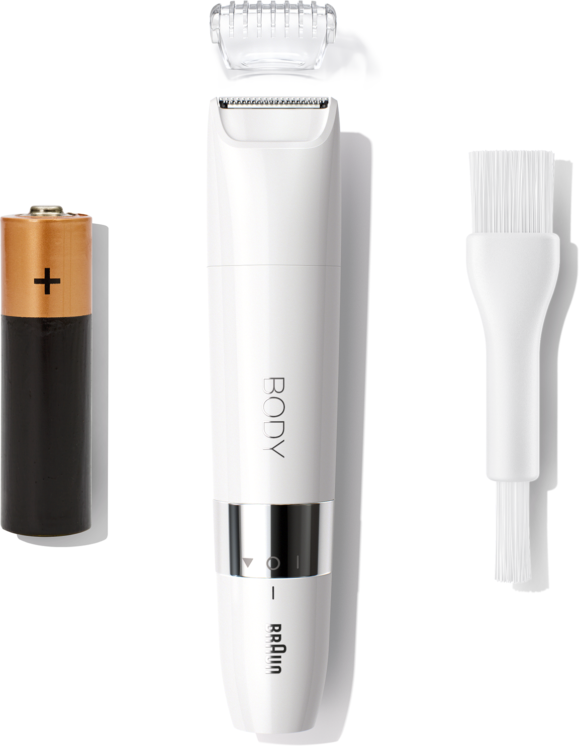 White body hair trimmer, a battery, a brush, and a head attachment are on a white background.