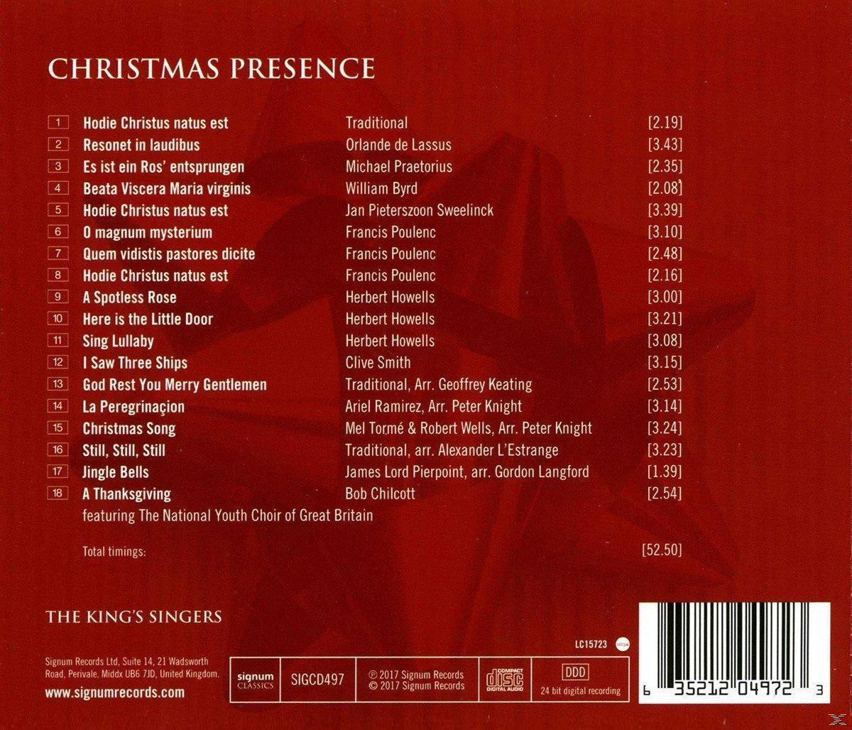 CD-Cover mit Titelliste von Weihnachtsliedern. Text: Christmas Presence, von The King's Singers.