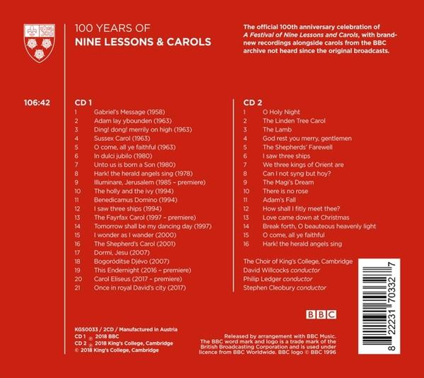Rückseite einer BBC-CD mit Text über neun Lektionen und Weihnachtslieder.