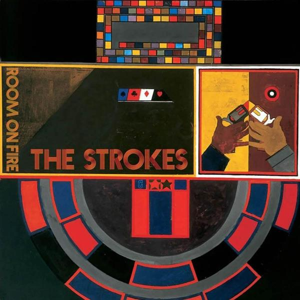 Albumcover mit verschiedenen geometrischen Formen und Text: THE STROKES, ROOM ON FIRE. Poker-Karten-Design.