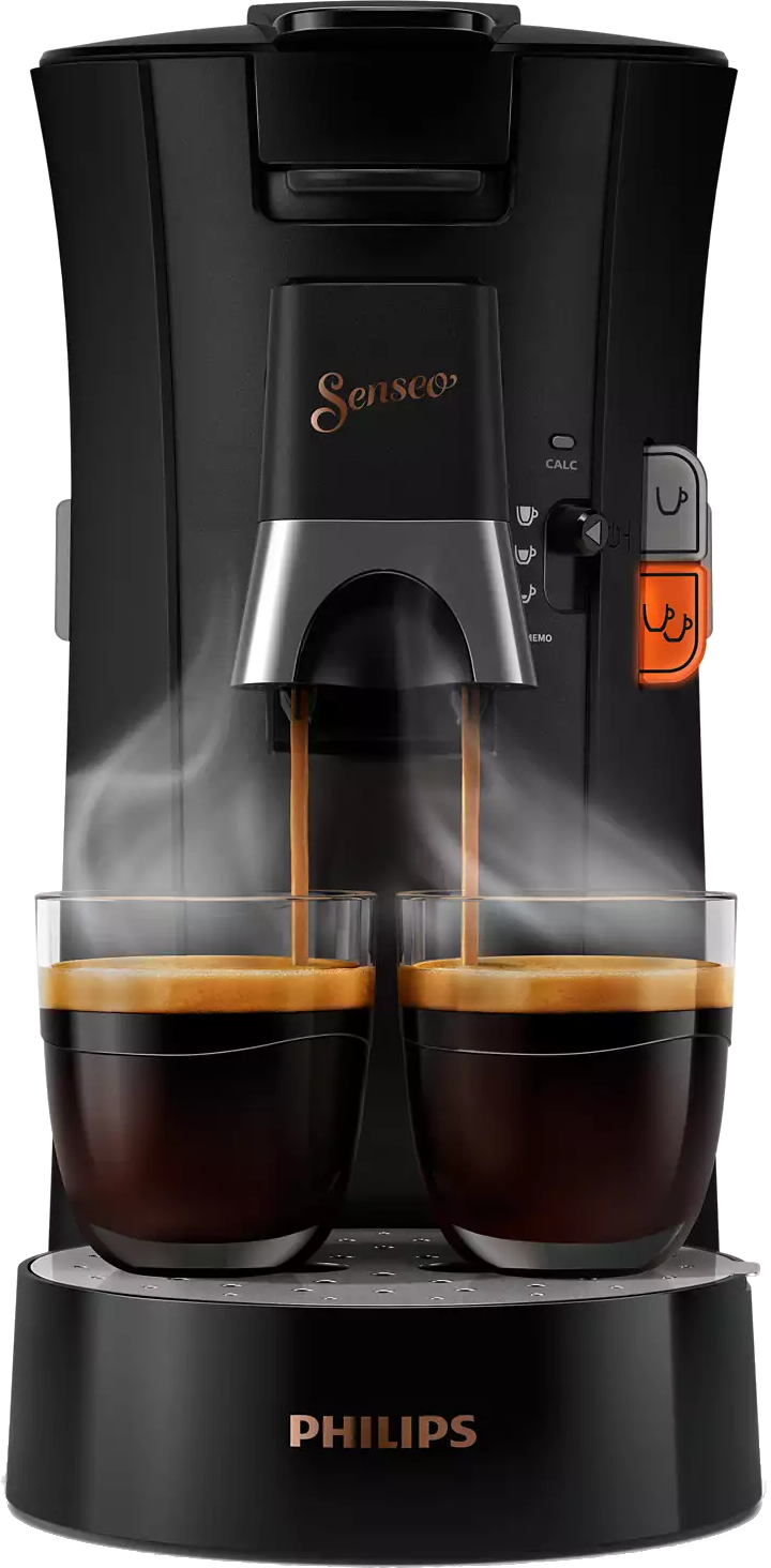 Philips Senseo coffee machine brewing two cups of coffee. Steam rising from the cups.
