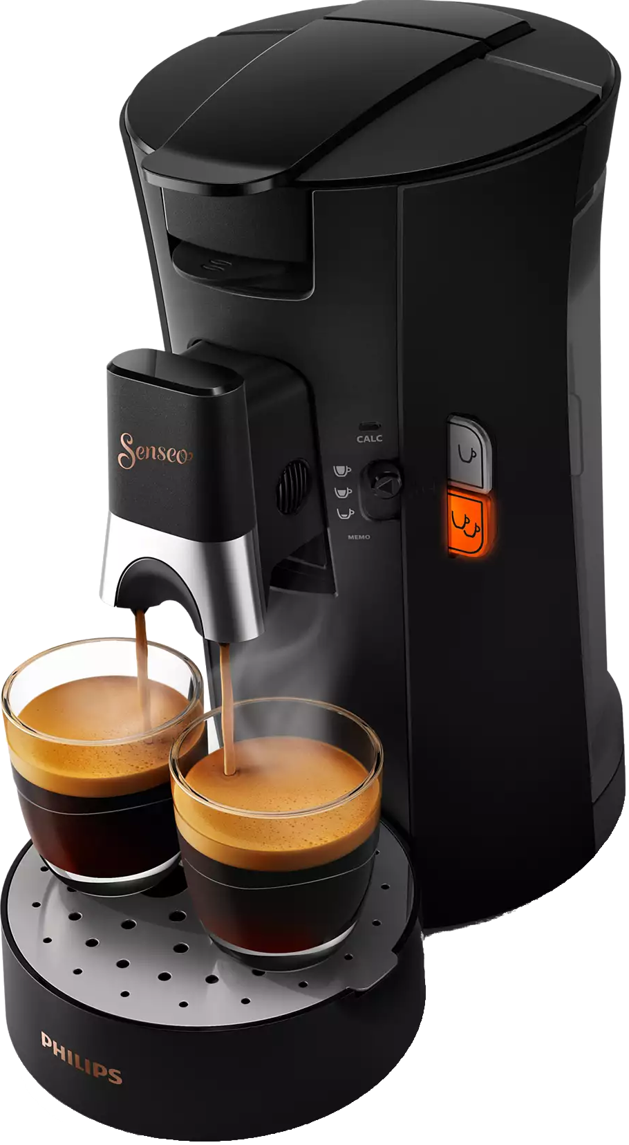 A black Senseo coffee machine with two glasses of coffee.