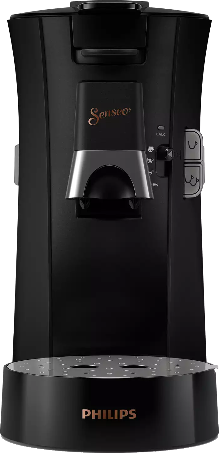 Black Senseo coffee machine with a curved design. The Philips logo is visible.