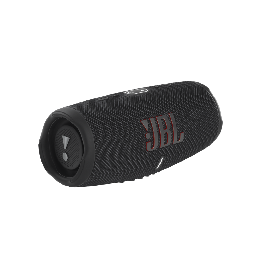 Kırmızı JBL yazısı ve belirgin bir ünlem işareti olan siyah JBL taşınabilir hoparlör.