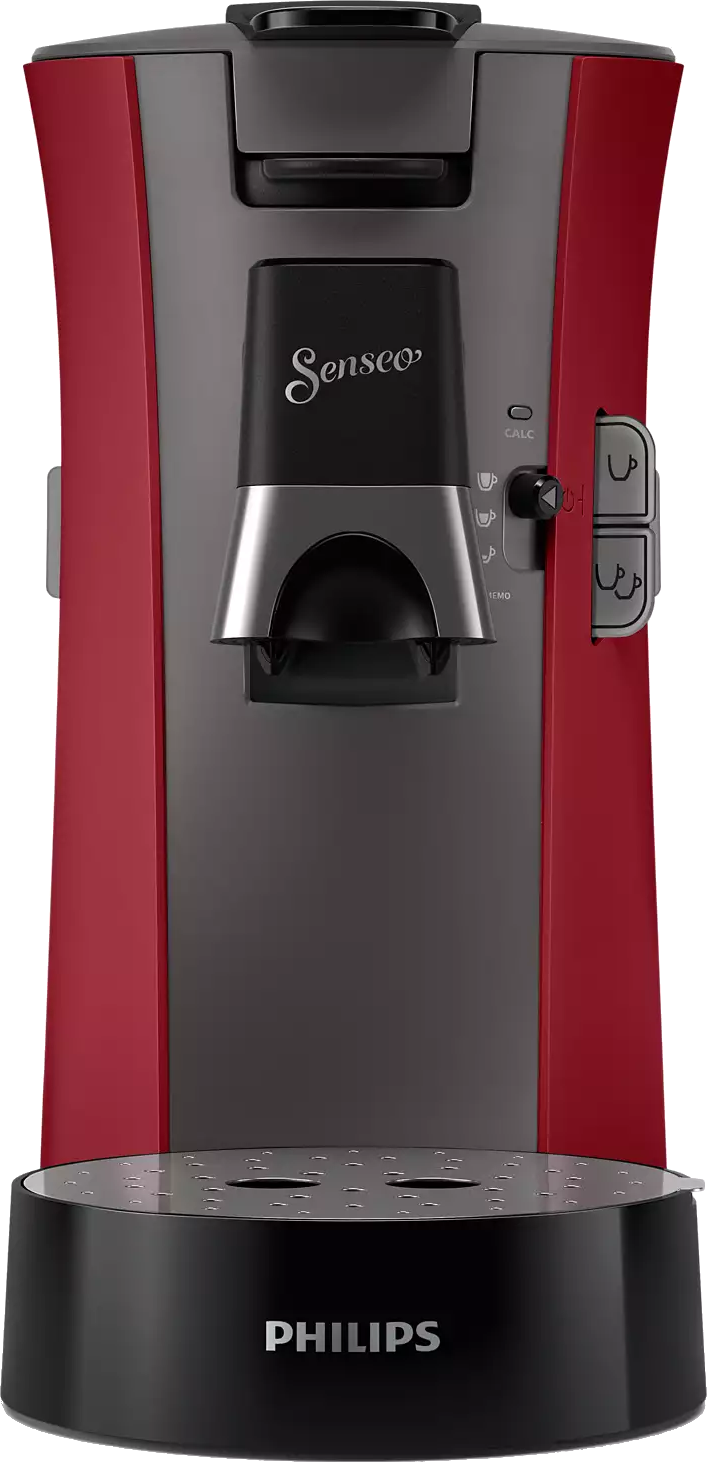 Red and gray coffee maker with 'Senseo' on it, on a black base.