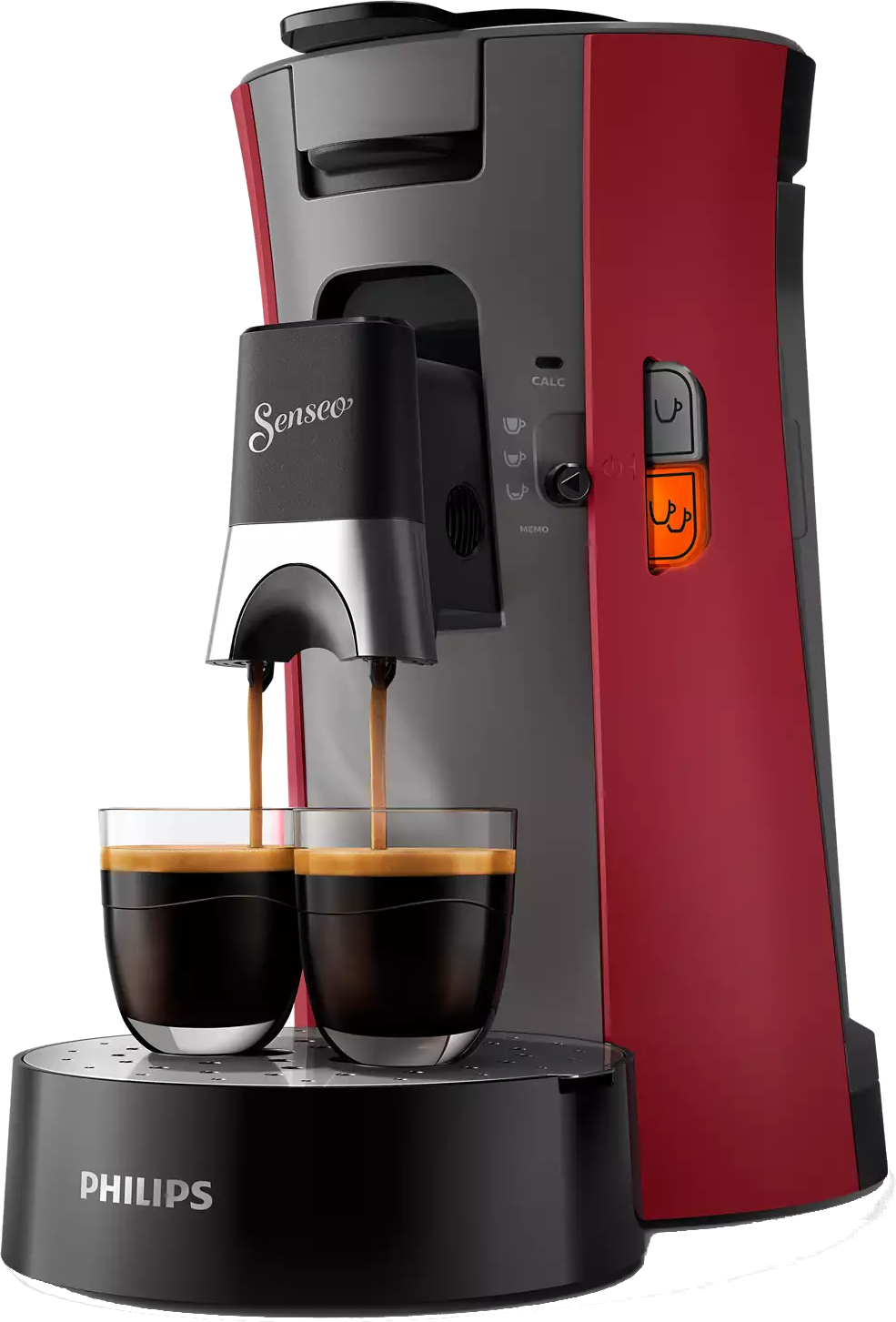 A red and black Philips Senseo coffee machine. Two glasses are under the spouts, with coffee pouring.