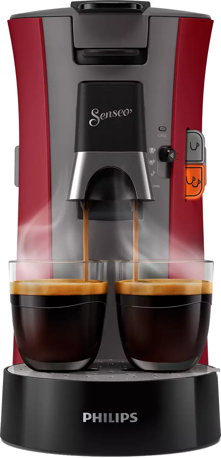 Red and gray coffee machine dispensing coffee into two glass cups. The brand is 'Senseo'.