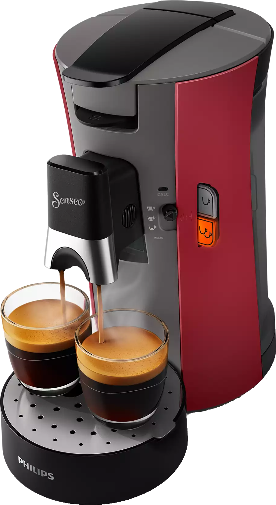A red and gray Philips Senseo coffee machine, brewing coffee into two glass cups.