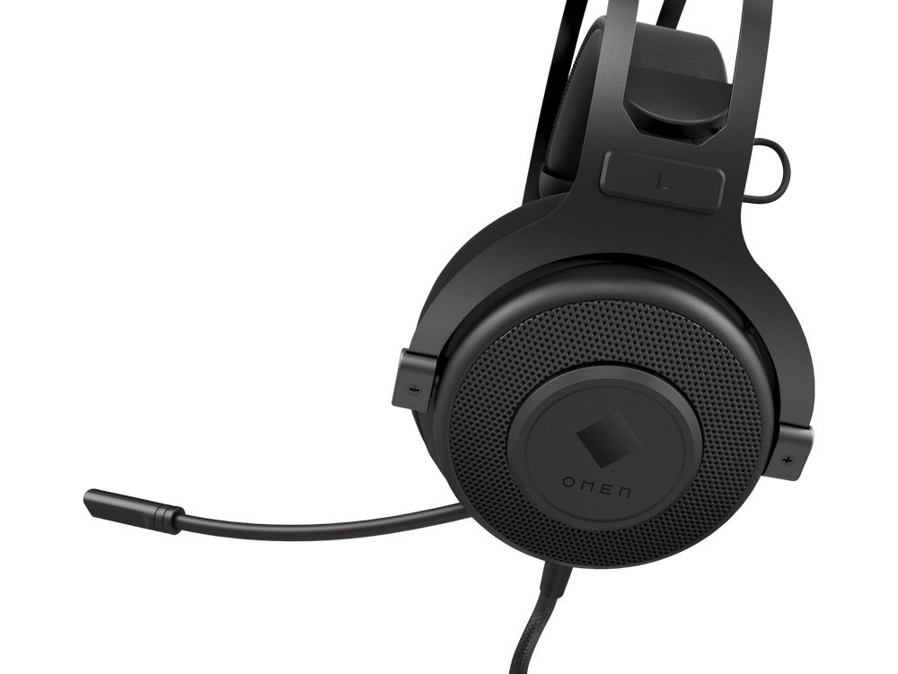 Auriculares para juegos Omen negros con micrófono flexible.
