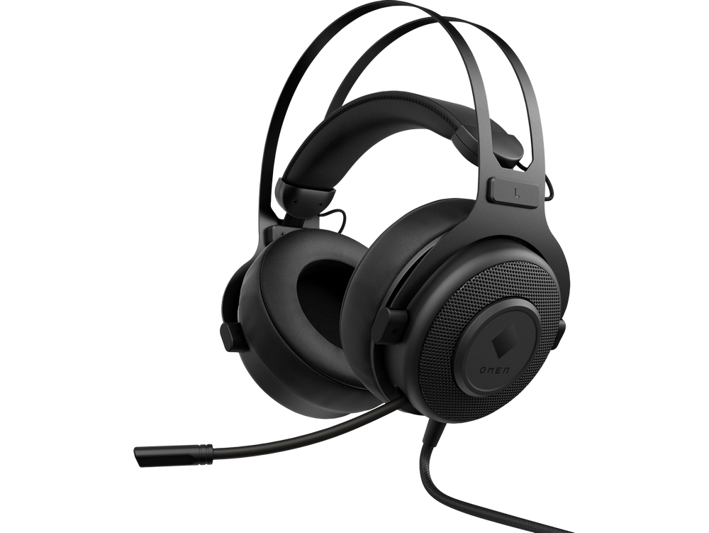 Auriculares para juegos OMEN negros con micrófono. El logotipo de OMEN es visible en la orejera.