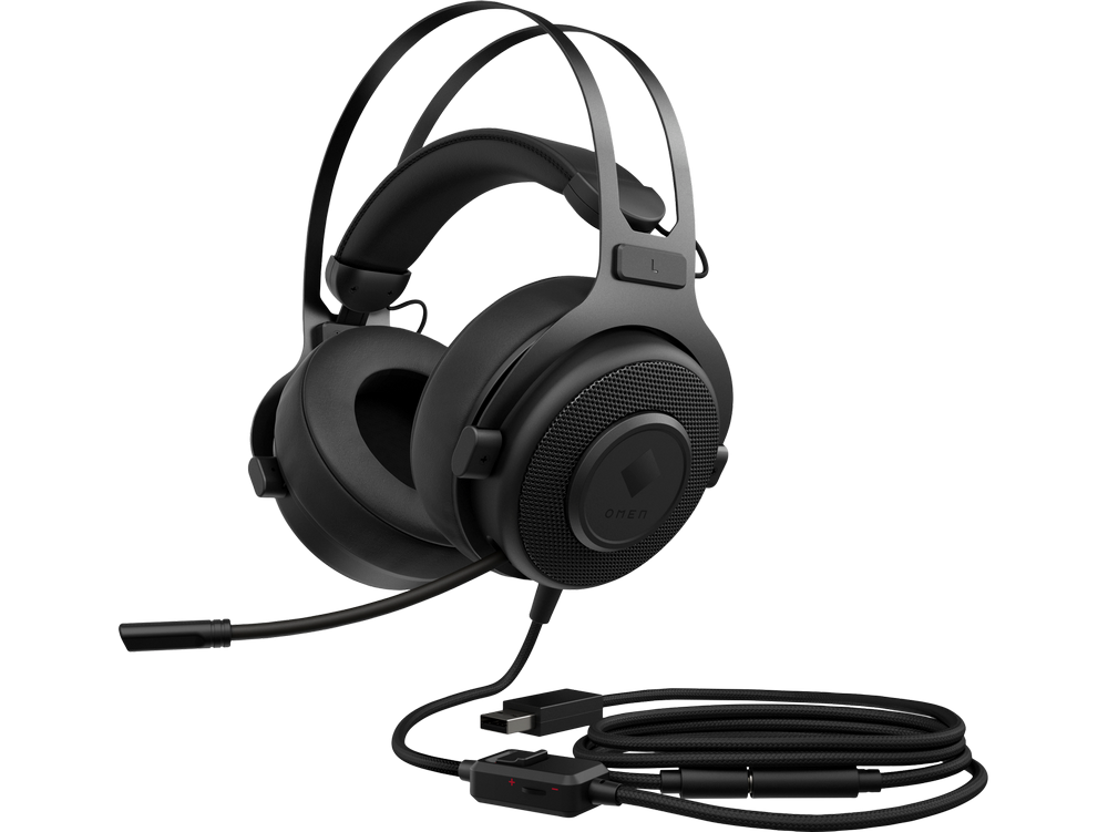 Auriculares gaming Omen negros con micrófono, cable y unidad de control.