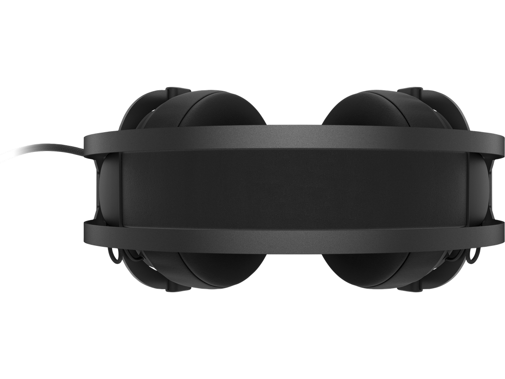 Auriculares negros, vista lateral. Los auriculares están conectados por una banda.