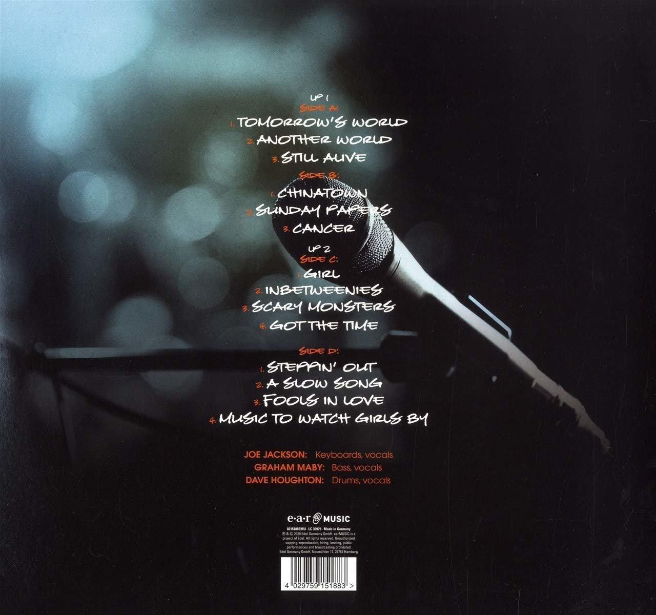 Album-Rückseite. Mikrofon und Trackliste. Joe Jackson, Graham Maby, Dave Houghton. e.a.r @ Music Logo.