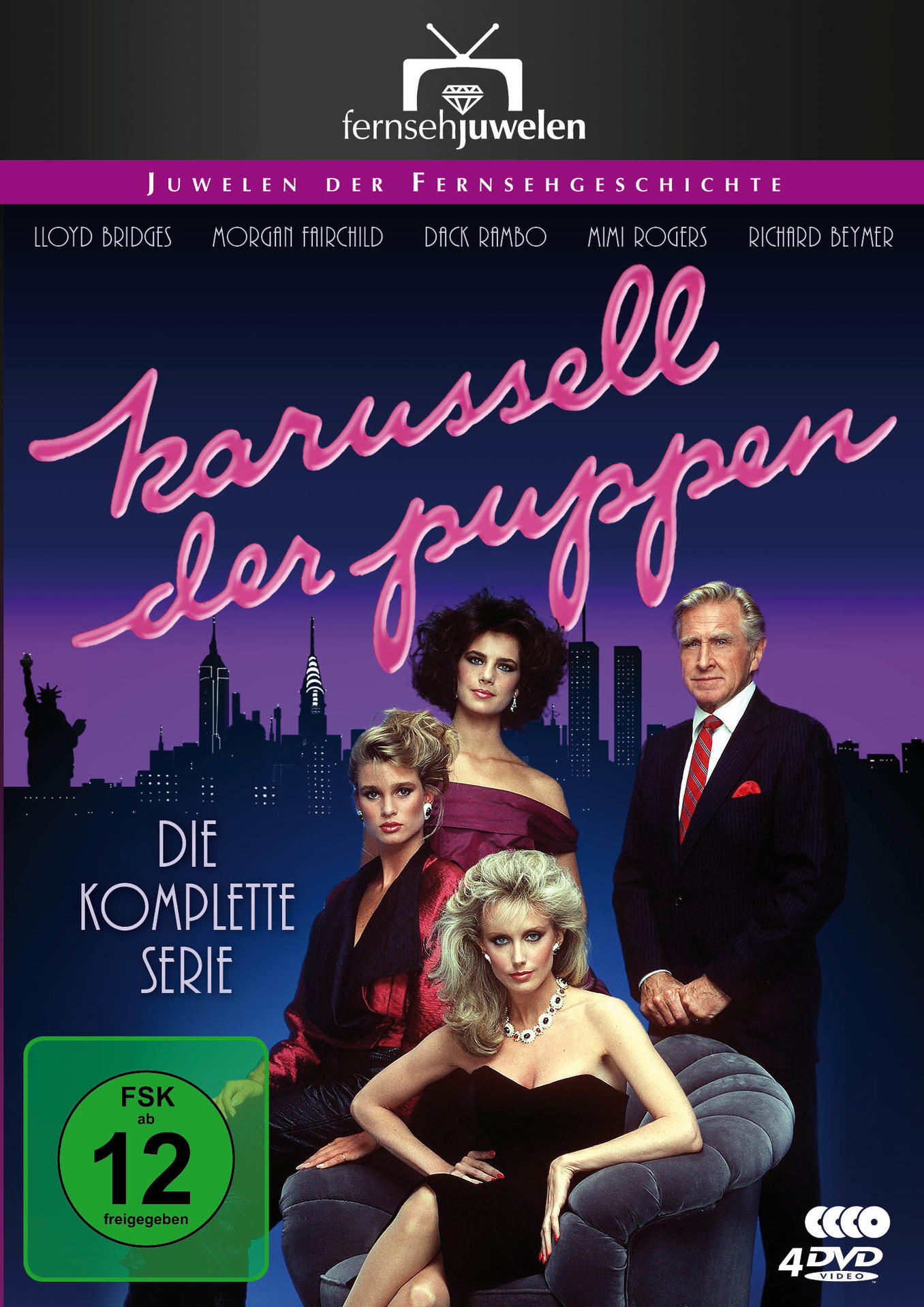 DVD-Cover mit Schauspielern, Skyline und Text: 'Karussell der Puppen'.