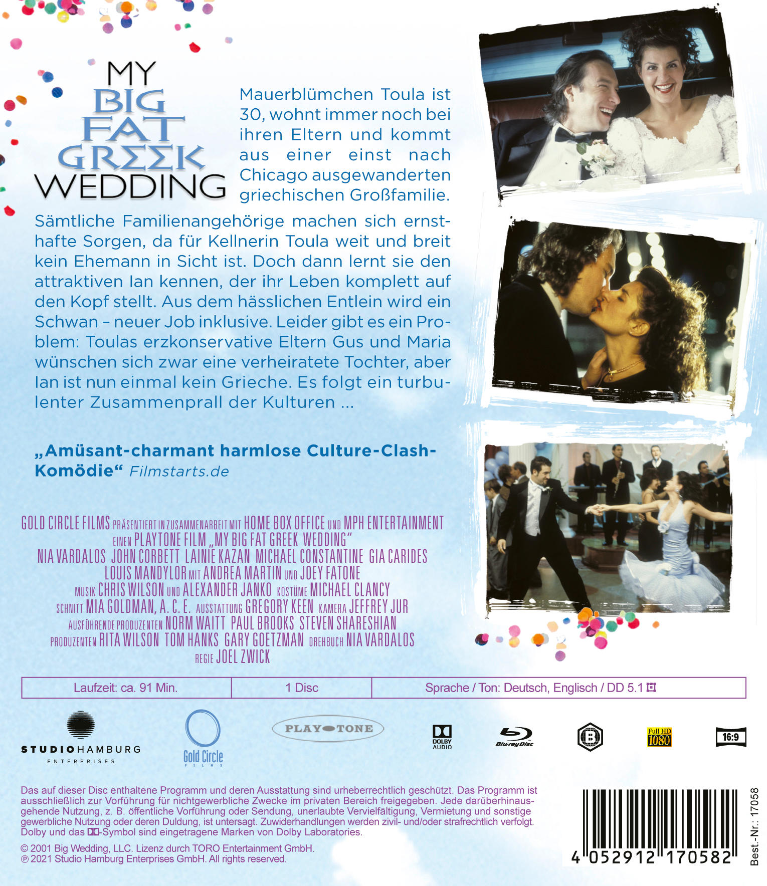 DVD-Cover für 'My Big Fat Greek Wedding', mit Filmszenen und Text in mehreren Sprachen.