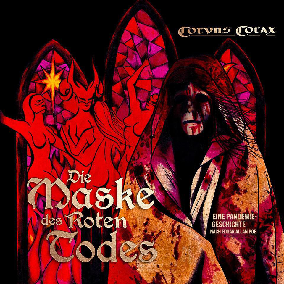 Albumcover mit roter, goldener und schwarzer Kunst, mit dem Titel 'Die Maske des Roten Todes'.