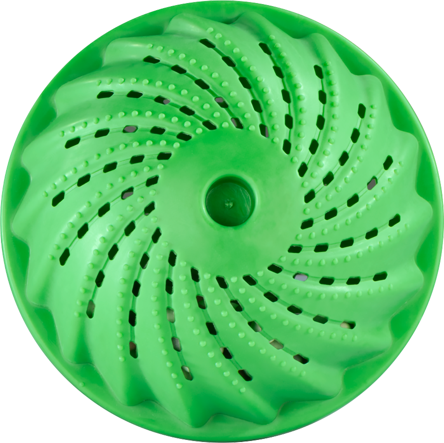 Green plastic kitchen drainer, swirl design, with small holes and a central hole.