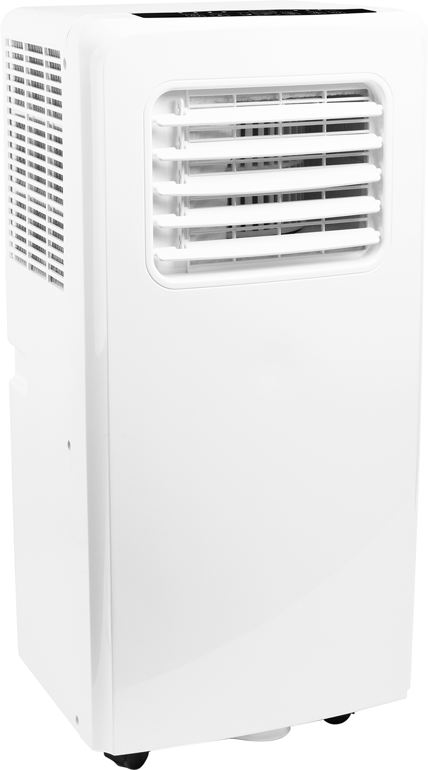 A white portable air conditioner, showing its front with vents and a control panel.