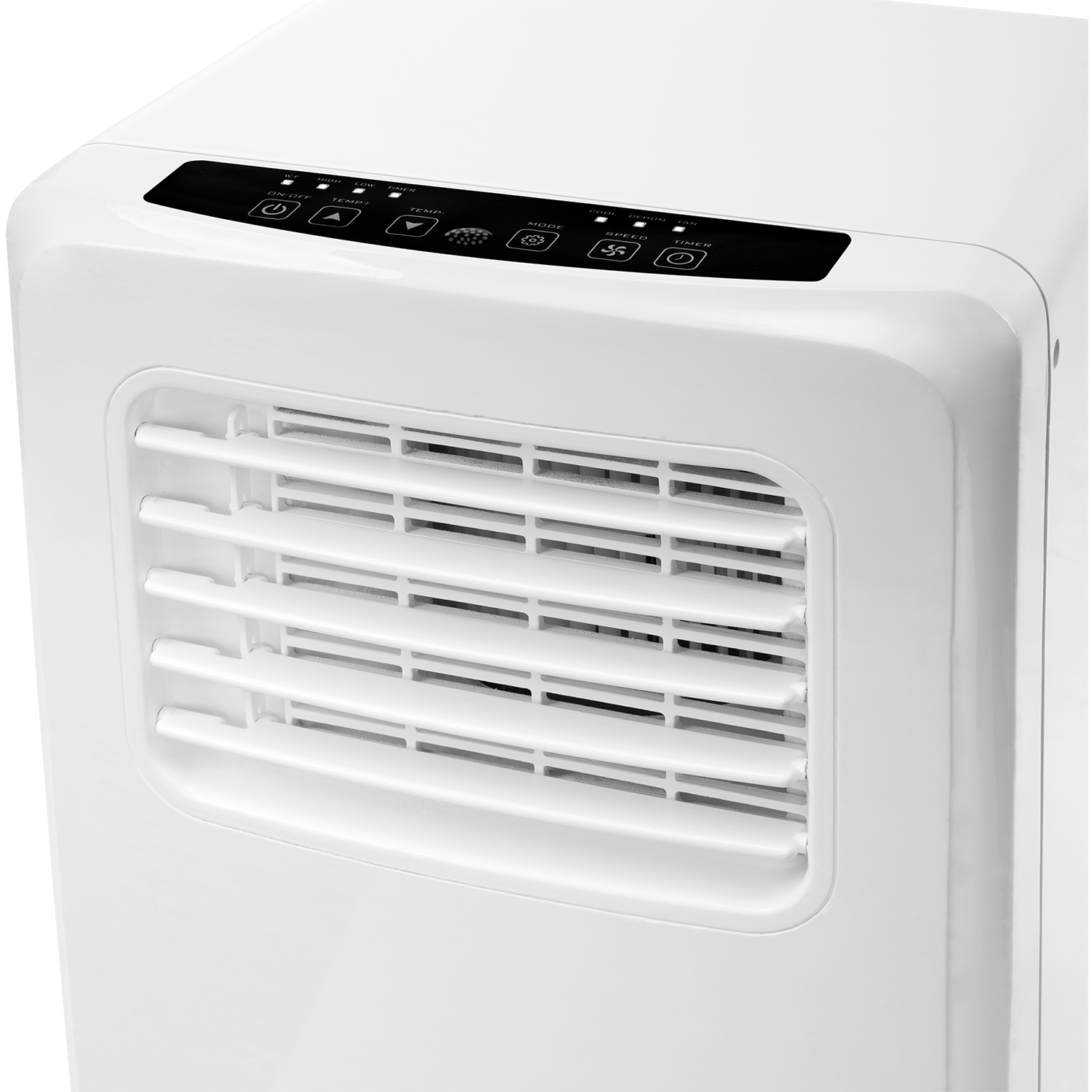 White air conditioner with vent and control panel, a close-up shot.