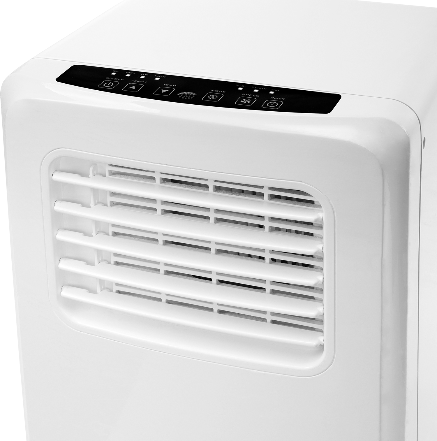 Climatiseur portable blanc avec panneau de commande et grilles visibles.