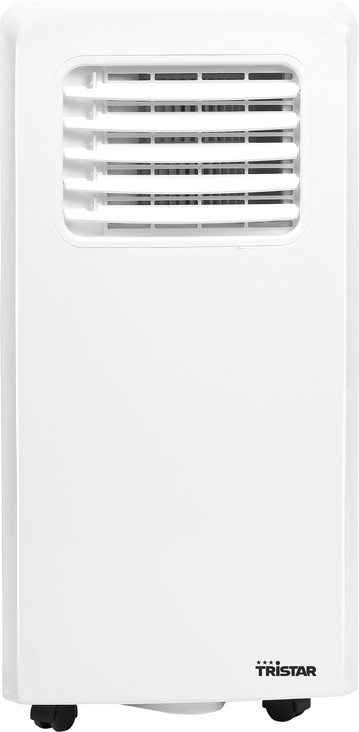 Witte airconditioner met ventilatieopeningen en een zwarte basis op een witte achtergrond.