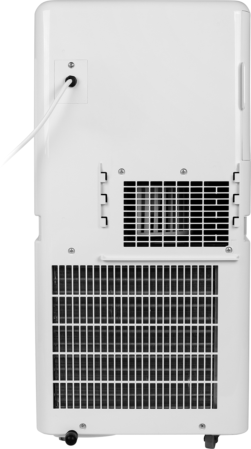 De achterkant van een witte draagbare airconditioner met ventilatieopeningen en een netsnoer.