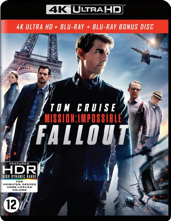 Filmposter. Tom Cruise op de cover. Tekst: MISSION: IMPOSSIBLE - FALLOUT. 4K ULTRA HD.