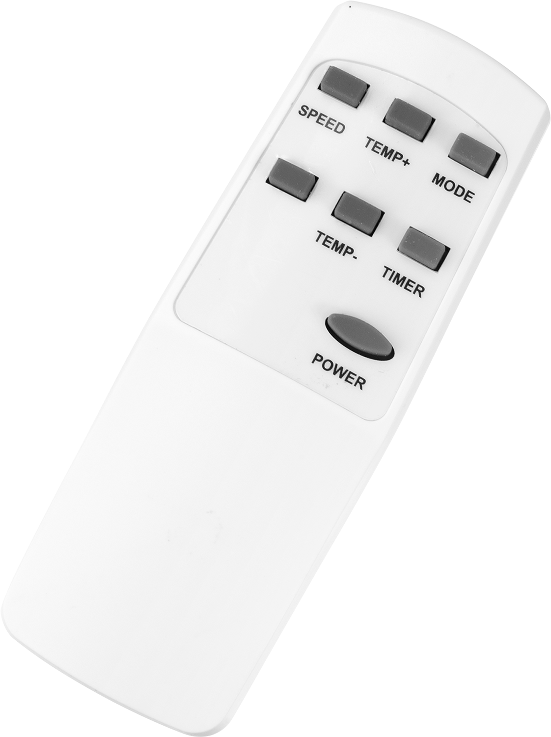 Een witte afstandsbediening met verschillende knoppen met de labels snelheid, temperatuur en modus.
