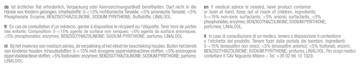 Text in mehreren Sprachen, der die Produktzutaten und Warnhinweise detailliert. Einschließlich nichtionischer Tenside und Parfums.