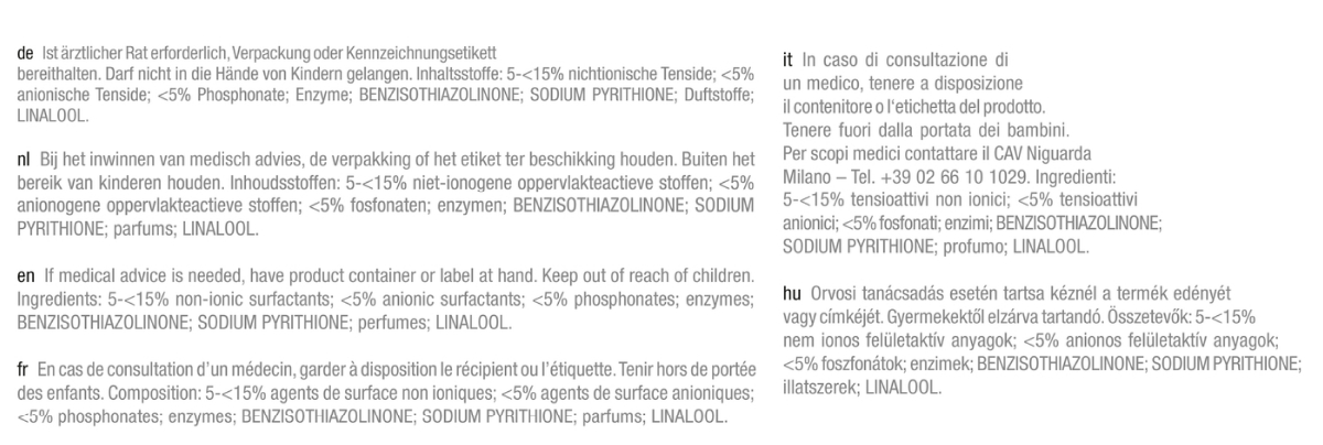 Text in mehreren Sprachen über Produktsicherheit und Inhaltsstoffe. Enthält Warnhinweise.