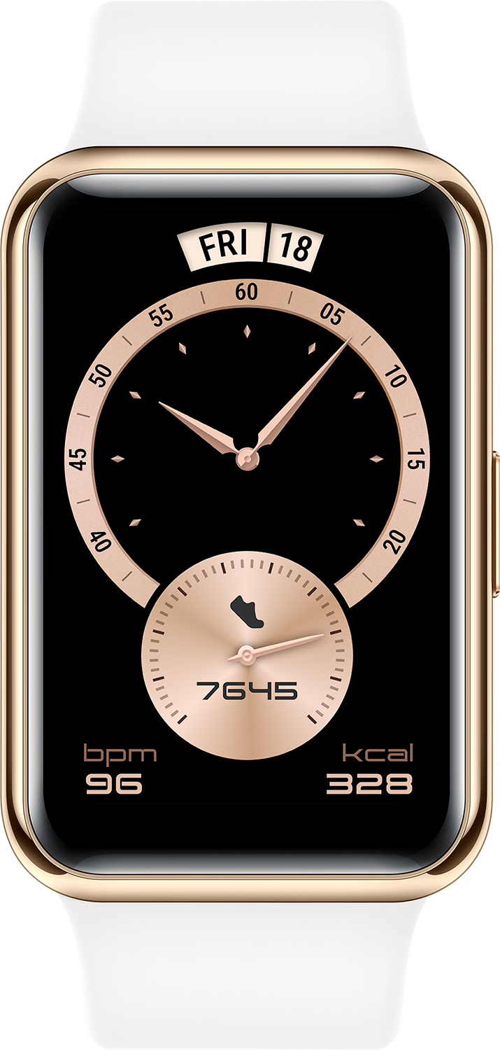 Eine Smartwatch mit weißem Armband, die Zeit, Datum, Schritte und Herzfrequenz anzeigt.