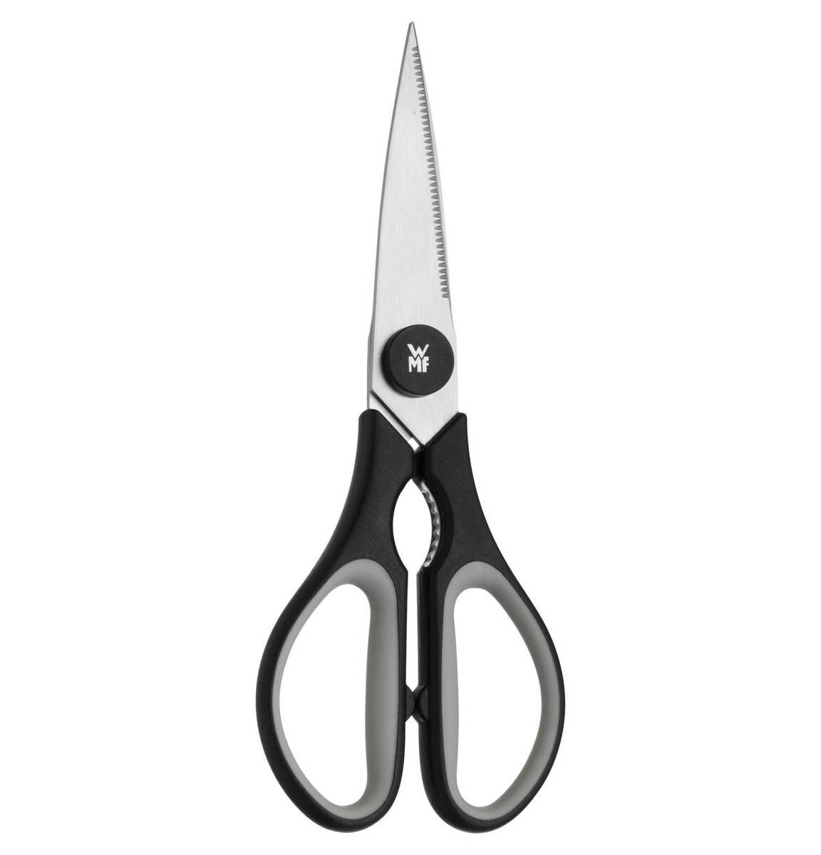 Küchenschere mit schwarz-grauen Griffen, Edelstahlklingen und einem Logo in der Mitte.