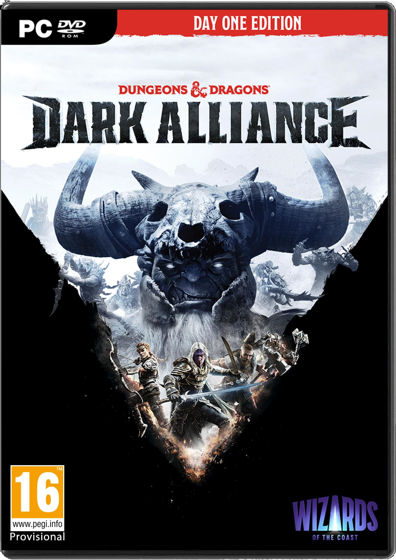 Gamecover: Dungeons & Dragons Dark Alliance. Met een schedelachtig wezen, krijgers en een donkere achtergrond.