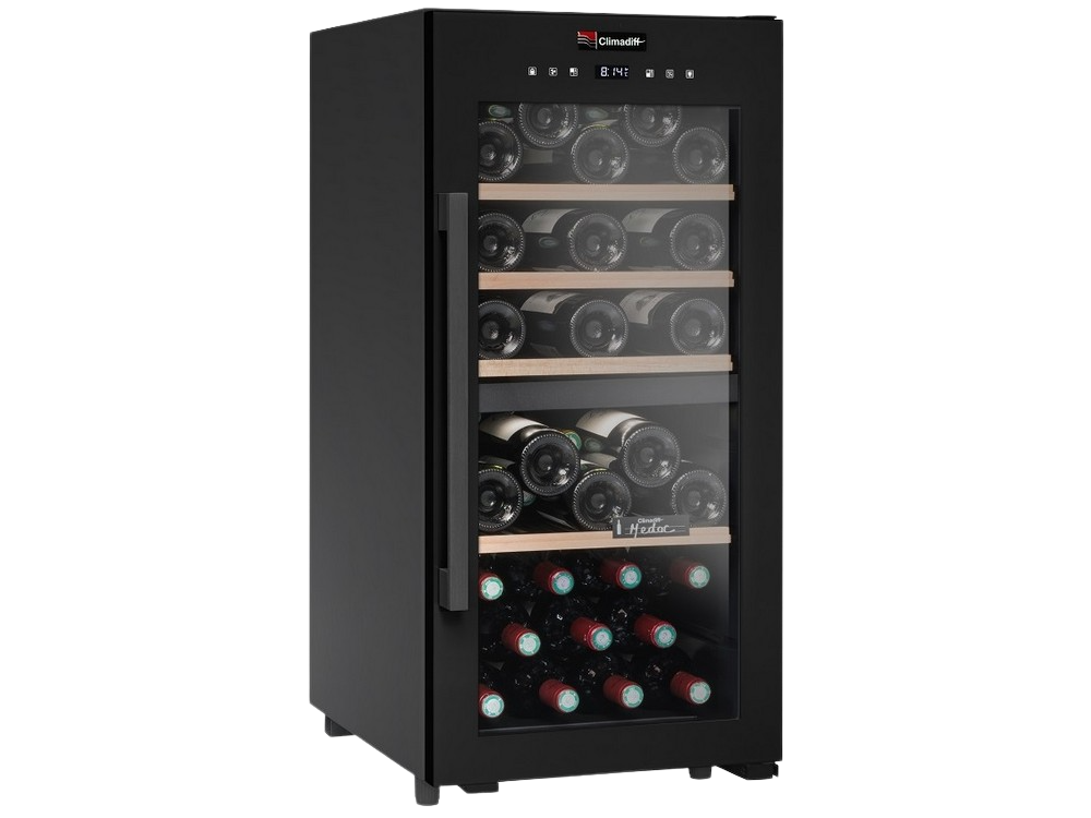 Vinoteca - Climadiff CD41B1, 41 botellas, 2 zonas de temperatura, Antivibración, 4 estantes, LED, 90cm, Negro